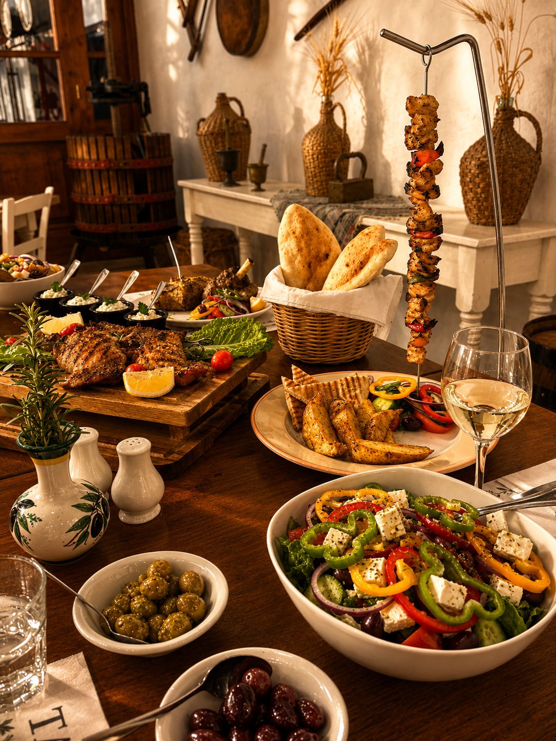 A table of salads, grills, olives and wine at Mezedogonia